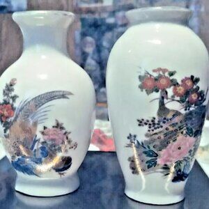 2 X 3.75" JAPANESE BUD VASES PEACOCK PHEASANT FLOWERS GOLD ACCENTS TRIM LABELED.